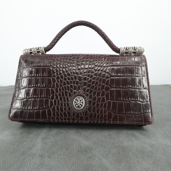 Brighton Handbag Womens Croc Embossed Brown Leather Braided Top Strap Purse - Picture 1 of 16